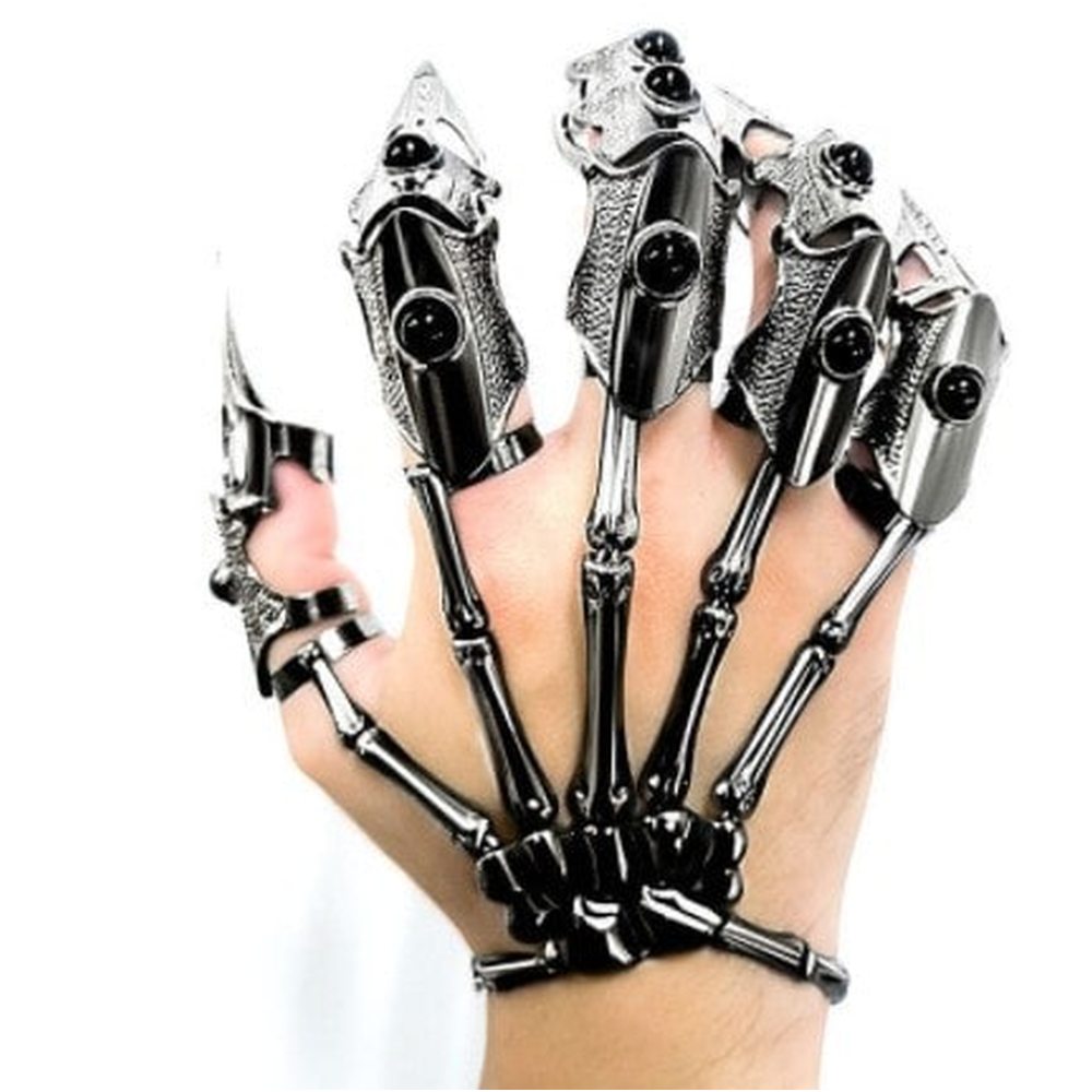 Zac's Alter Ego - 3D Gun Metal Skeleton with 5 Black Stone Full Finger Knuckle Rings Ring - Black